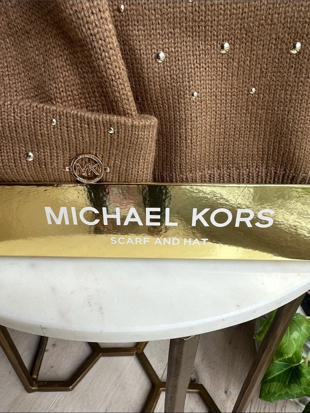 Michael Kors Brown Knit Beanie and Scarf Set with Crystal Studs